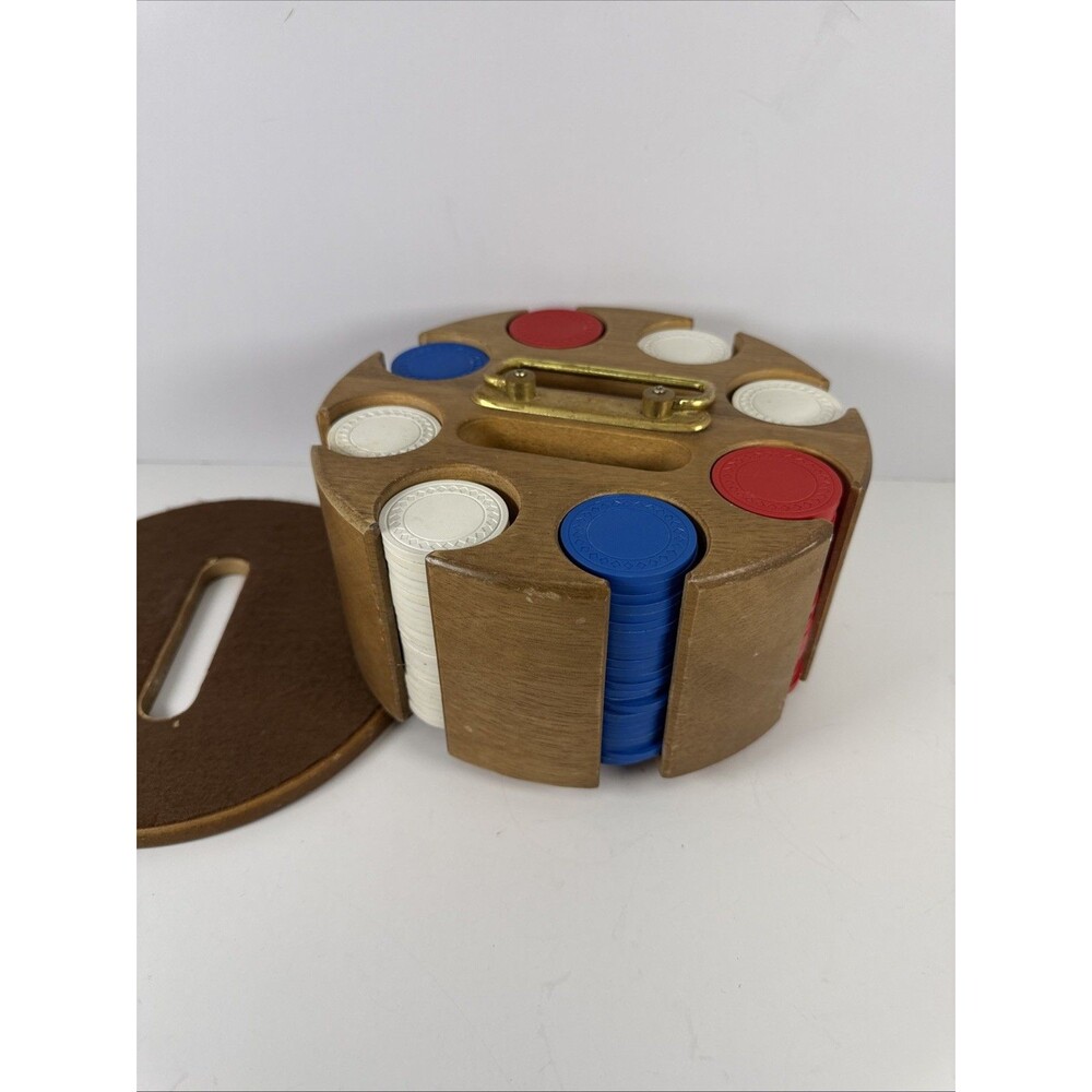 Vintage Poker Chip Caddy Wood Spinning Carousel 195 Chips, Red, Blue White 🇺🇸